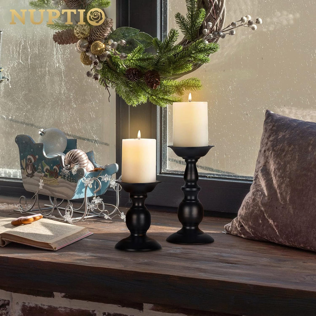 Black Candle Holder for Pillars: Rustic Metal Candle Stands Set | Tall Retro Farmhouse Candleholder 2 Pcs (S + L) for