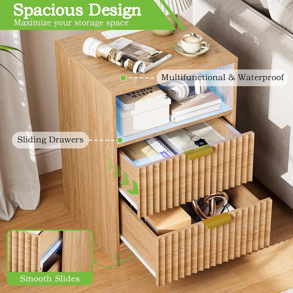Night Stand Set 2, LED Nightstand with Charging Station, Fluted Nightstands Set of 2 with 2 Drawers, Wood Side Table