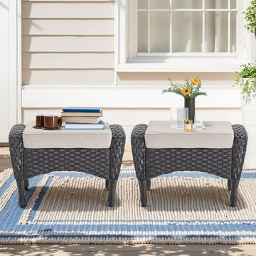 Outdoor Ottomans Foot Rest - 25 Inch PE Wicker Foot Stool Set of 2 with Removable Cushions Furniture Sets,All Weather