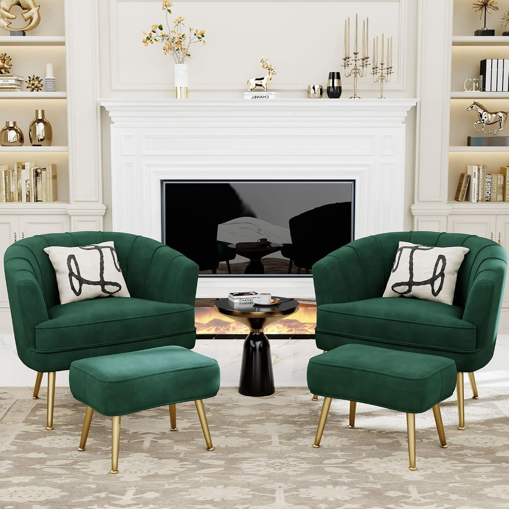 Velvet Accent Chair with Ottoman, Upholstered Modern Single Sofa Side Chair,Comfy Barrel Club Living Room Armchair