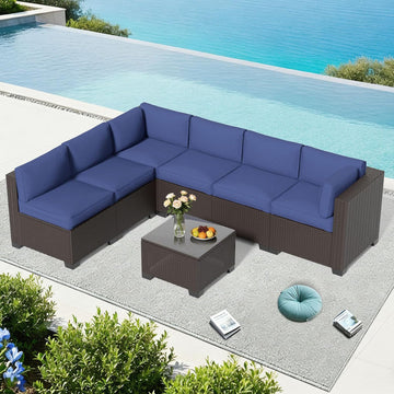 7-Piece Outdoor Sectional Patio Furniture Set, All-Weather Wicker Rattan Sofa w/Thick Washable Cushions & Tempered
