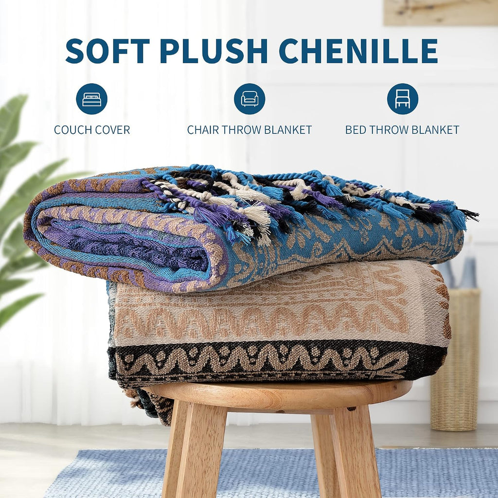 Boho Chair Cover Colorful Chenille Tassels Hippie Throw Blanket, Blanket for Bohemian Living Room Decor Purple(60"*75")