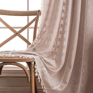 Boho Curtain 84 inches Long Bedroom Nursery, Retro Bohemian Coffee Linen Sheer 84 inches Length Tassel Stripe