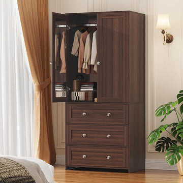 71" Tall Armoire Wardrobe Closet with Drawers and Mirror | Clothing Storage Cabinet with Hanging Rod, 2 Doors Wooden