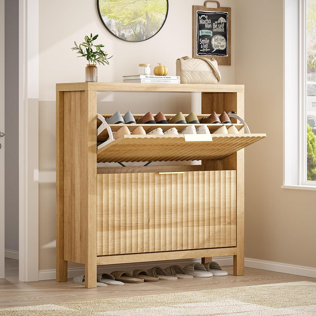 Shoe Cabinet Storage , Fluted Shoe Cabinet with 2 Flip Drawers, Hidden Shoe Rack Tall Freestanding Shoe Organizer
