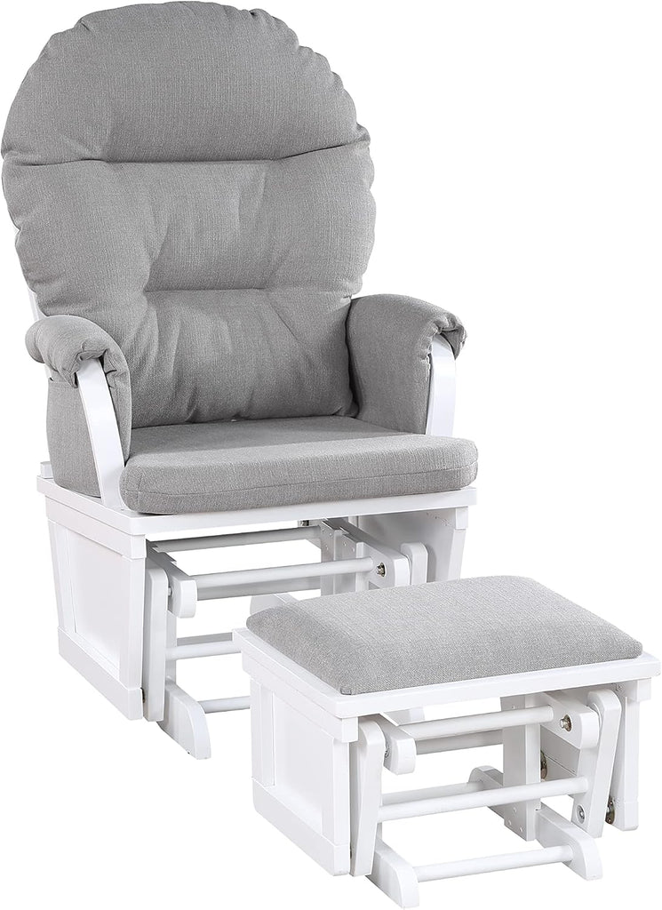 Nursery Rocking Chair with Ottoman, Wooden Glider for Baby Nursing, Smooth Gliding Rocker, White and Oyster