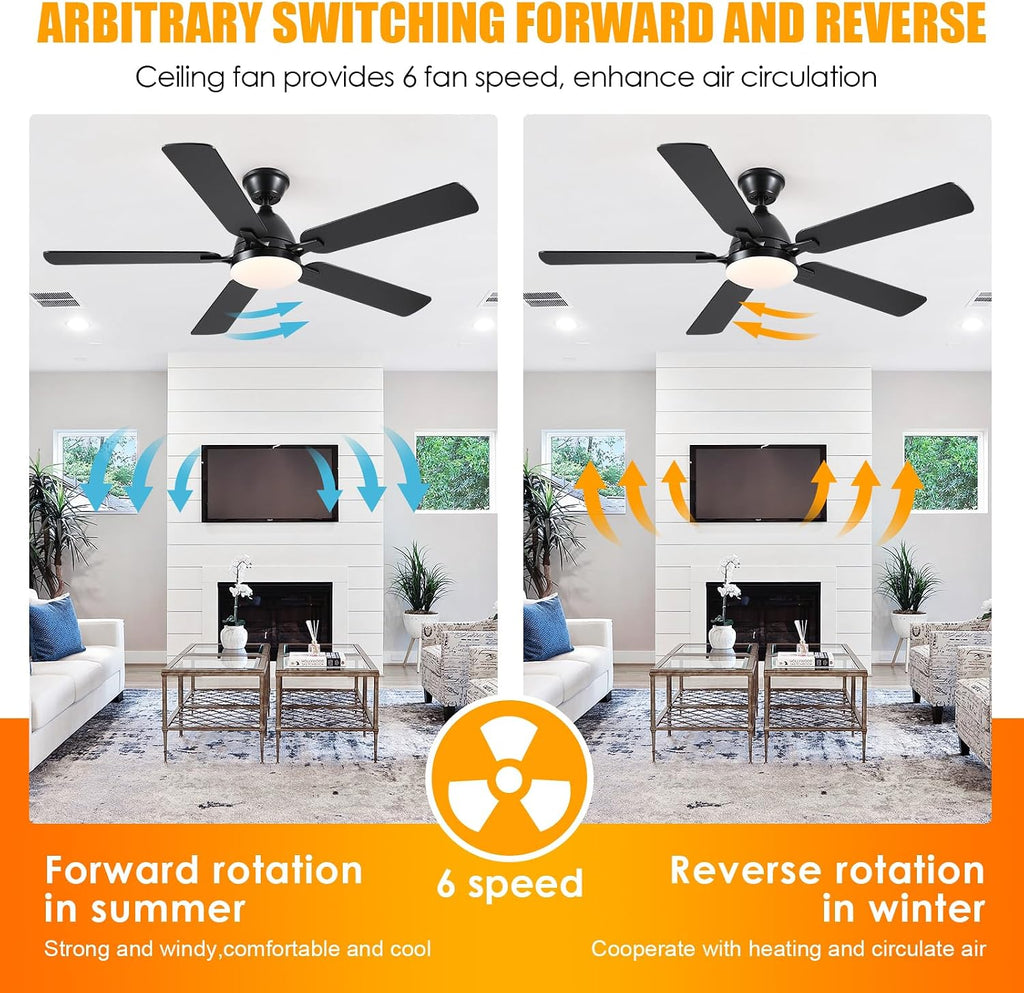 Ceiling Fans with Lights, 52 Inch Low Profile Ceiling Fan with Light and Remote Control,Reversible, 3CCT, Dimmable, Quiet, Black Ceiling Fan for Bedroom Indoor/Outdoor Use