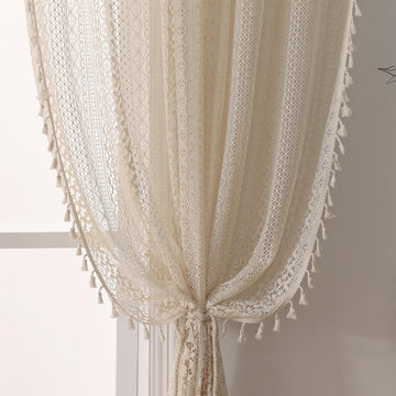 Boho Crochet Curtains for Living Room Lace Curtains 2 Panel, Rod Pocket Vintage Tassel Bohemian Decor