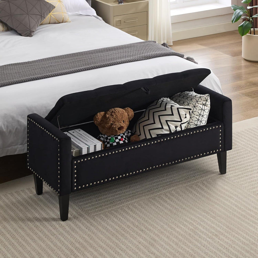 47" Velvet Storage Bench, Upholstered Bed Bench with Storage, End of Bed Ottoman with Wooden Legs,Bedside Storage