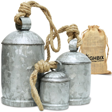 Set of 3 Medium Galvanized Metal Hanging Cow Bells Rustic Farmhouse Vintage-Style Cowbells with Jute Rope for Wall