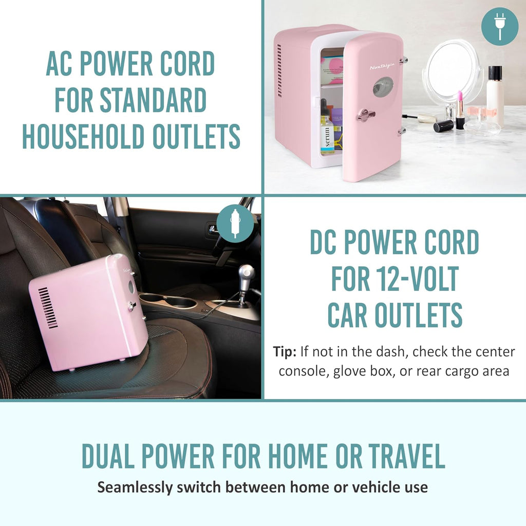 Retro Mini Fridge and Heater - 6-Can Capacity, 12-Volt Power Adapter, Carry Handle and Display Window - Perfect for