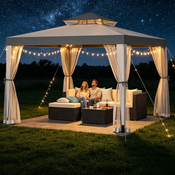 Outdoor Gazebo 10×10 Canopy Tent with Mosquito Nettings & Double Roofs, Canopy Shelter for Party, Patio Gazebo (Gray