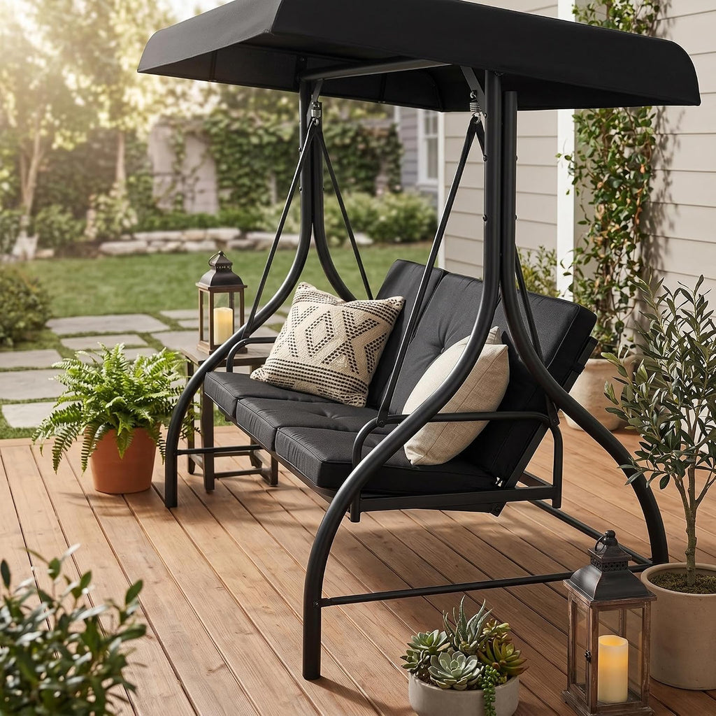 3 Seater Outdoor Porch Swing with Stand for Adults, 2-in-1 Convertible Design Patio Swing, Thick Soft Cushion &