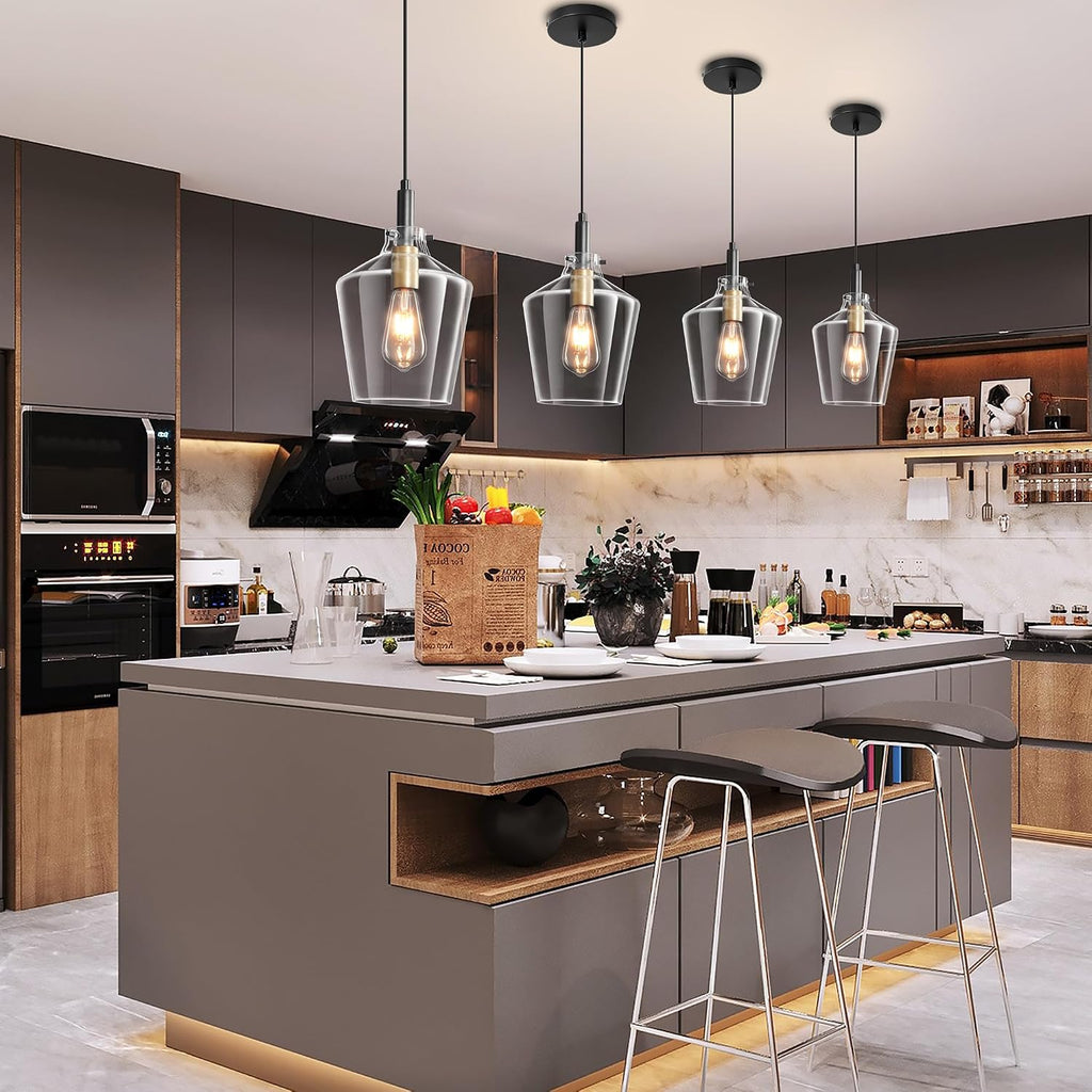 Modern Glass Pendant Lighting for Kitchen Island 2 Pack, Farmhouse Black and Gold Pendant Light Fixtures, Adjustable