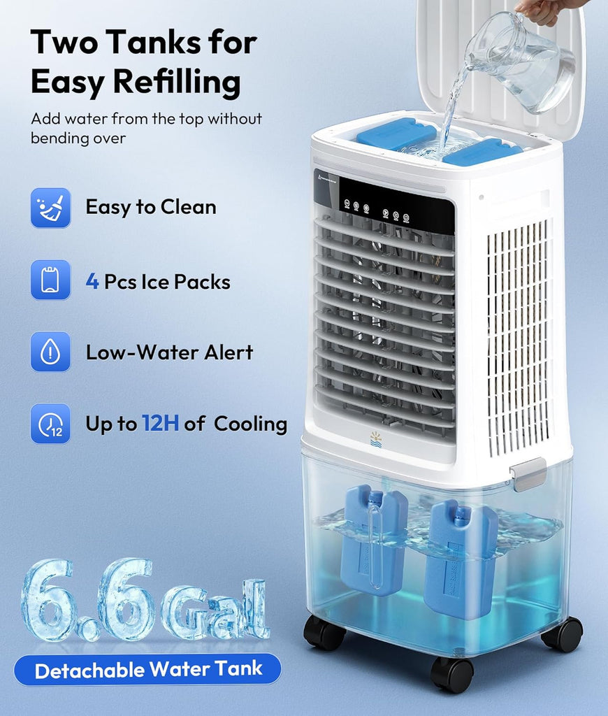 3-in-1 Portable Evaporative Air Cooler - 2000 CFM Swamp Cooler with 6.6-Gal Dual Tank & 4 Ice Packs, Remote Control