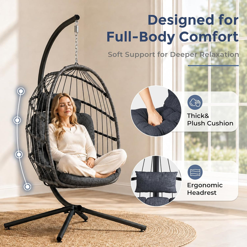 Outdoor Hanging Egg Chair with Stand, Indoor Wicker Egg Shaped Swing Chair with Cushion, 370lbs Capacity Comfy Patio