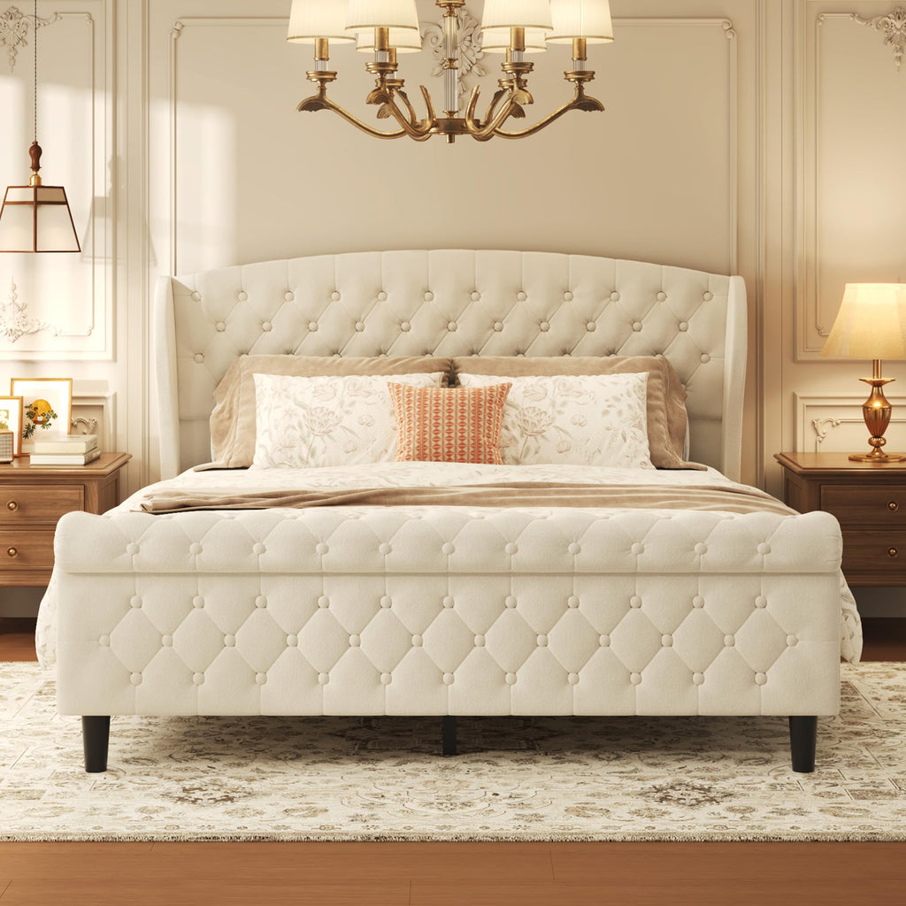 Queen Platform Bed Frame, Velvet Upholstered Sleigh Bed with Wingback Tufted Headboard and Footboard, Noise-Free