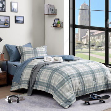 Plaid Twin XL Comforter Set Blue Grey 5 Pieces College Dorm Bed in a Bag - Set of 5