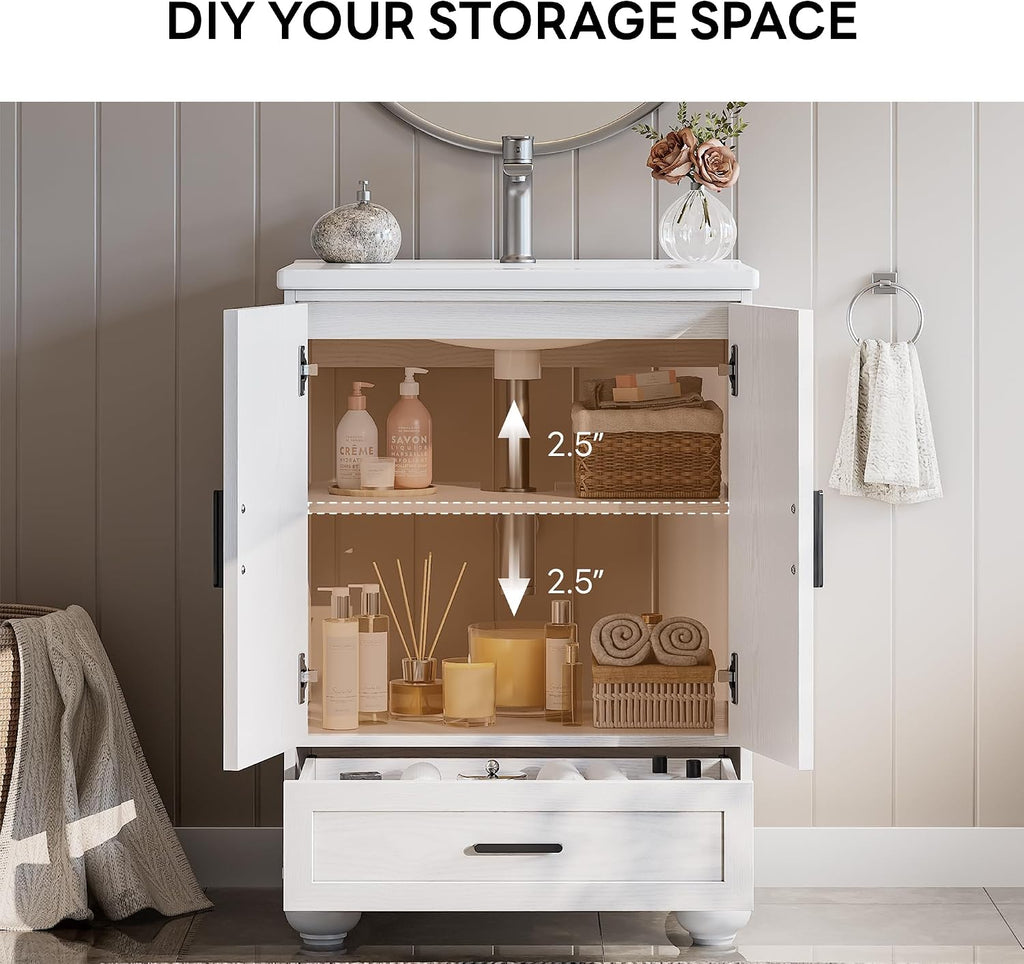 24" Bathroom Vanity with Ceramic Sink - Freestanding Cabinet with 2 Doors, 1 Drawer & Wood Legs