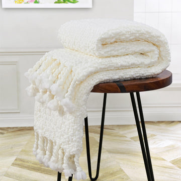 Chunky Knit Throw Blanket with Braided Tassels 50" x 60", Hand Knitted Soft Thick Yarn Basket Weave Boho Farmhouse