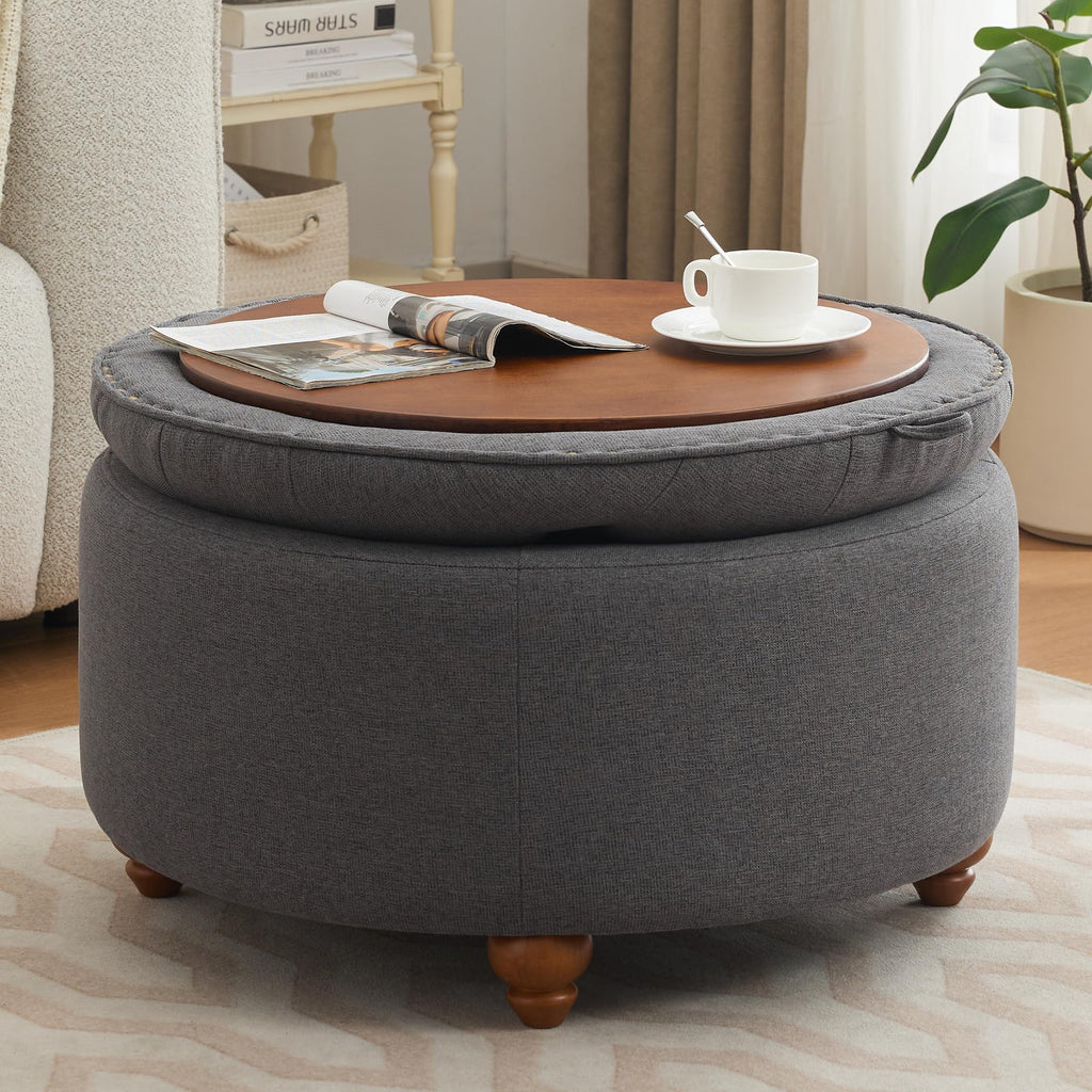 30Inch Round Storage Ottoman with Tray, Modern Tufted Fabric Circle Coffee Table with Storage, Upholstered Ottoman
