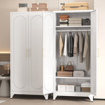 71" White Metal Armoire Wardrobe Closet with Arched Doors