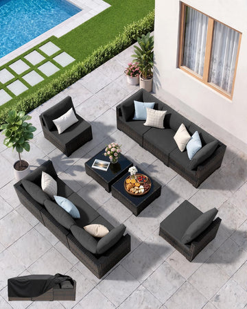 Patio Furniture Set - All-Weather - 10 Piece Patio Outdoor Conversation Set, Modular Wicker Rattan Sectional Sofa for