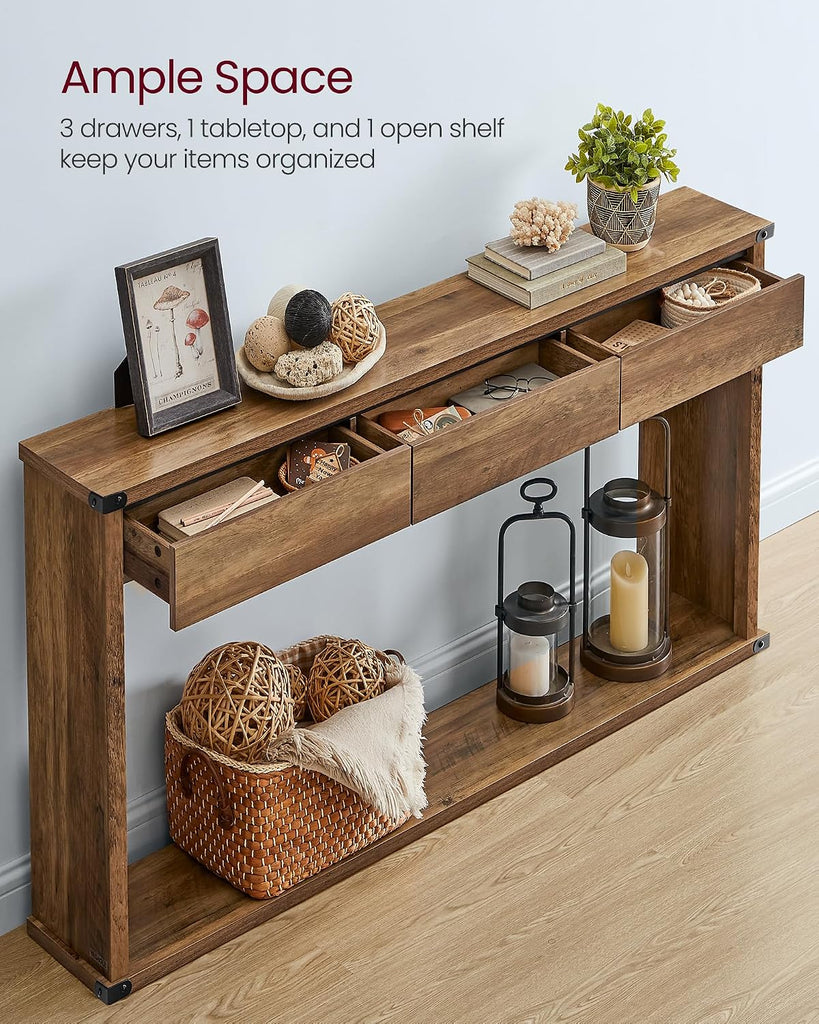 Sofa Console Table, 47.2 Inches Narrow Entryway Table with 3 Drawers, Bottom Shelf, Metal Corners