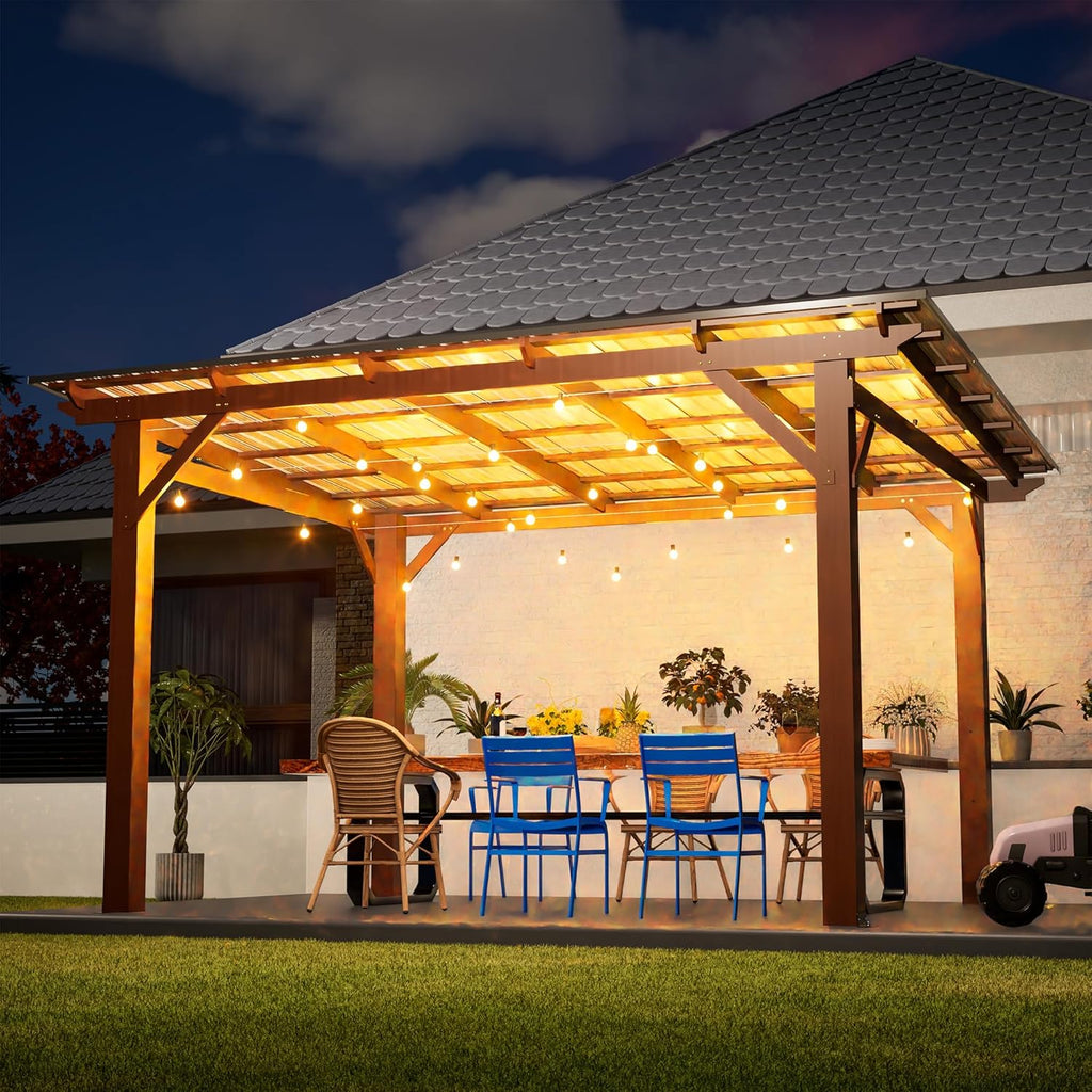 13' x 10' Wooden Garden Gazebo with Metal Roof, Spacious Outdoor Patio Pergola Shade Structure for Backyard, Deck