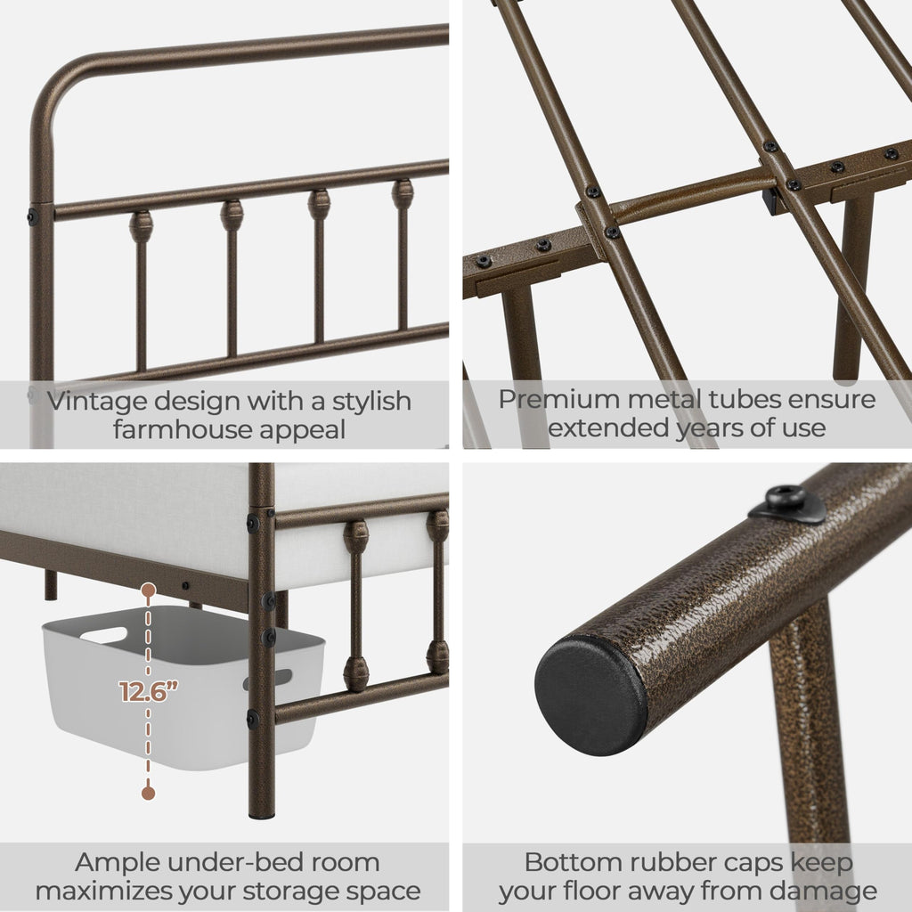 King Metal Bed Frame, Victorian Style Headboard, Bronze