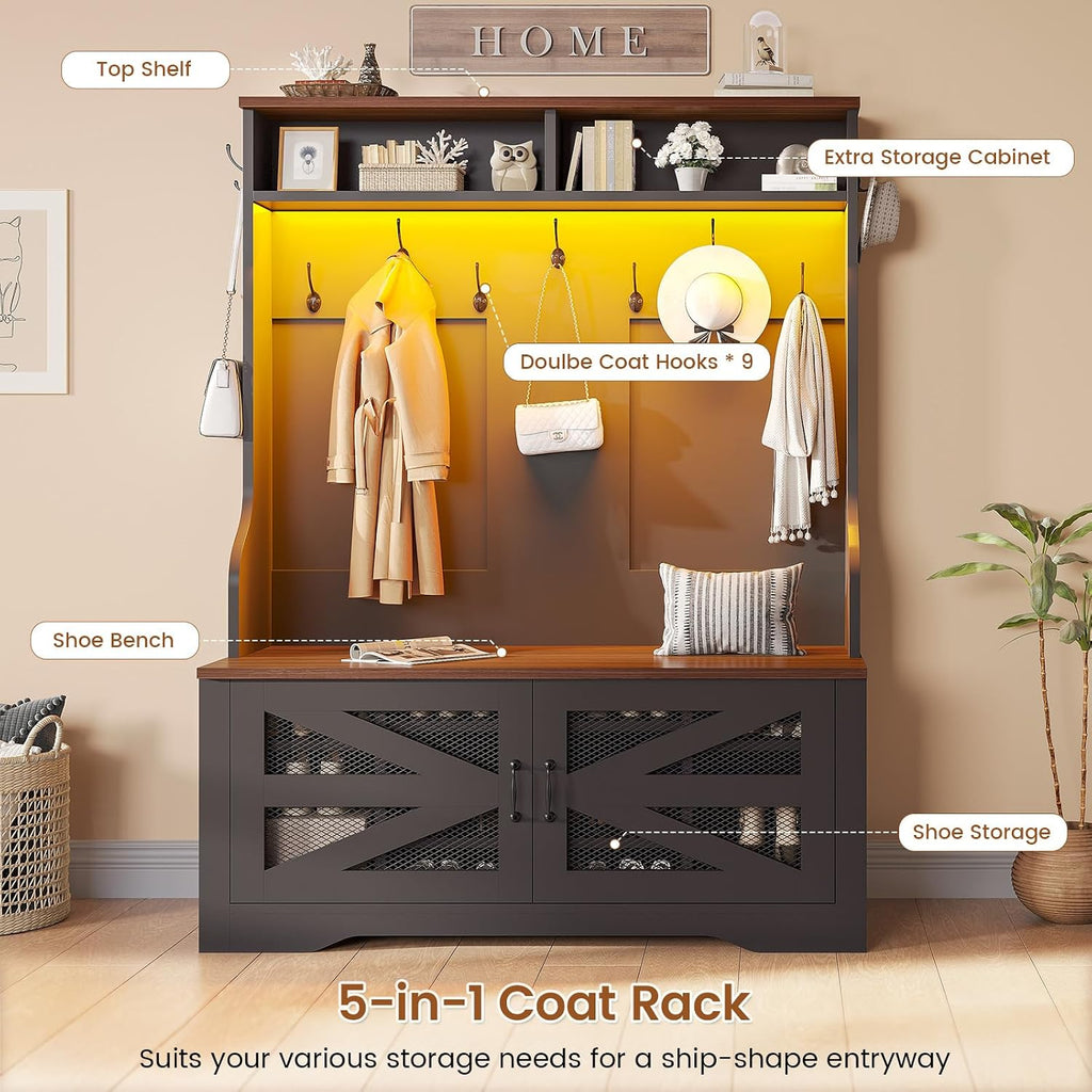 Hall Tree with Bench and Shoe Storage, 5-in-1 Entryway Bench with Coat Rack, 10 Shoe Cubbies & 9 Coat Hooks, Barn