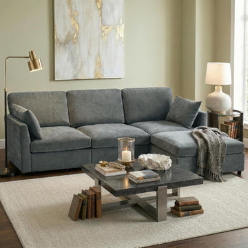 Sectional Couch , Comfy L Shaped Convertible Sofa, 4 Seater Modern Chenille Sofa with Ottoman, Grey