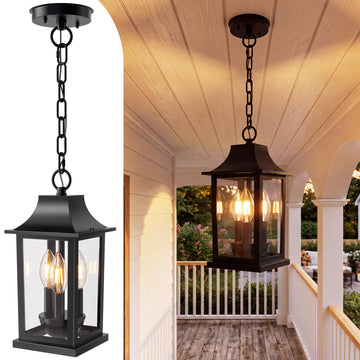 Black Outdoor Pendant Light with 3 Light Sources, 12.2'' Modern Hanging Lantern Chandelier Fixture with Tempered