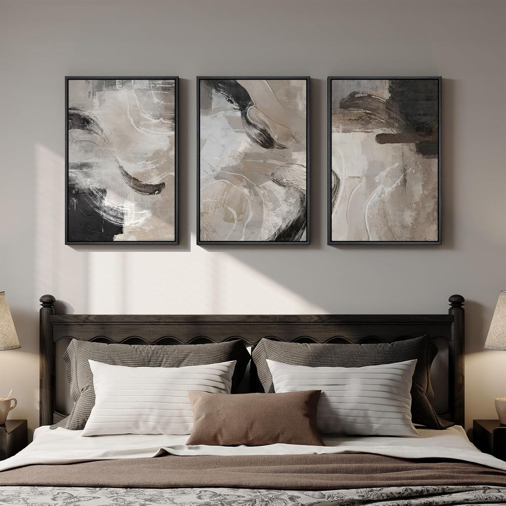 Framed Neutral Abstract Wall Art, 3 Piece Modern Minimalist Canvas Prints Paintings Artwork for Walls, Black Beige