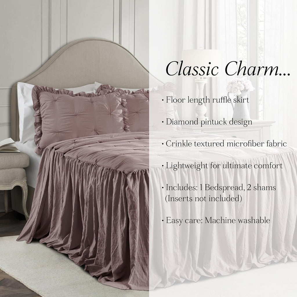 Ruffle Skirt Bedspread Set - Luxe 3 Piece Ruffled Bedding Set - Traditional Glam & Farmhouse Inspired