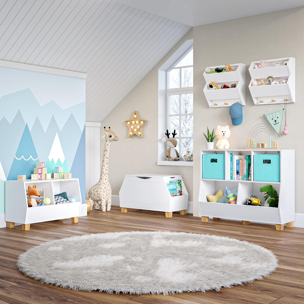 Kids Catch-All Toy Box with Side Bookshelves - White | Versatile Playrooom Storage Organizer with Book Racks