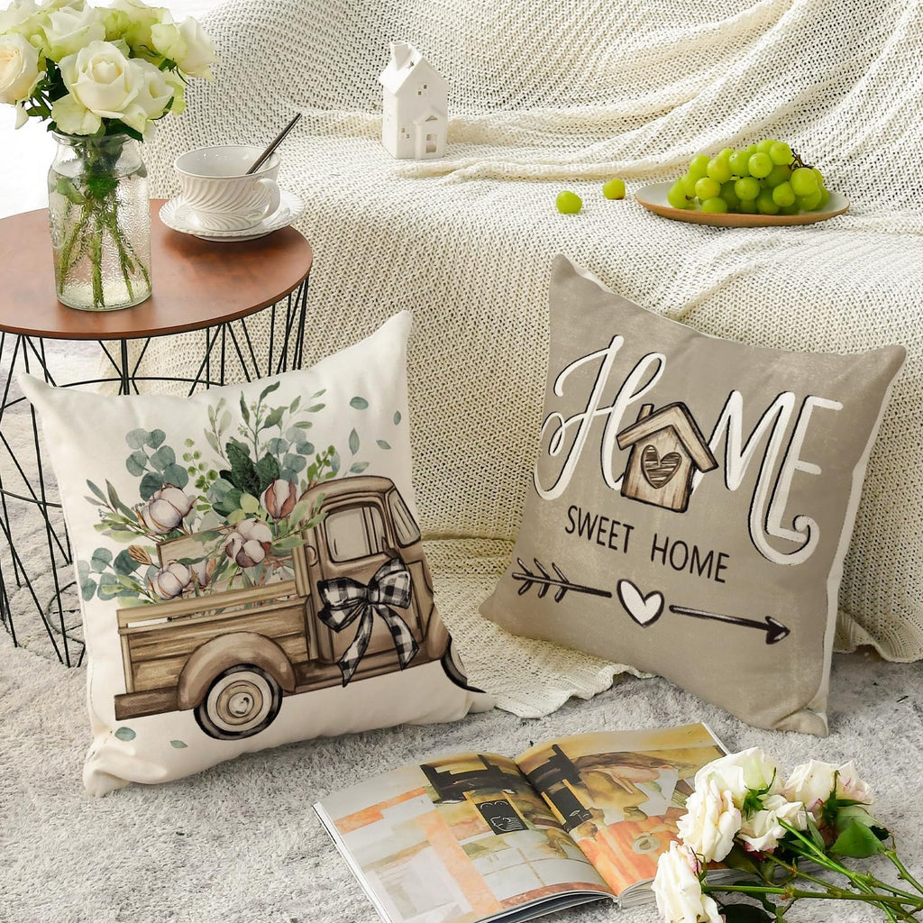 Bless Our Home Farmhouse Eucalyptus Leaves Throw Pillow Covers, 18 x 18 Inch Truck Home Sweet Home Cushion Case