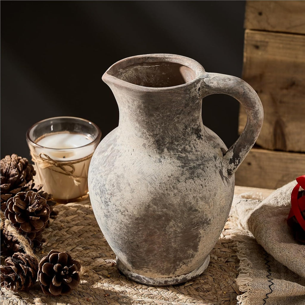 Ceramic Rustic Farmhouse Vase with Handle, Terracotta Vase, Minimalist Decorative Vases