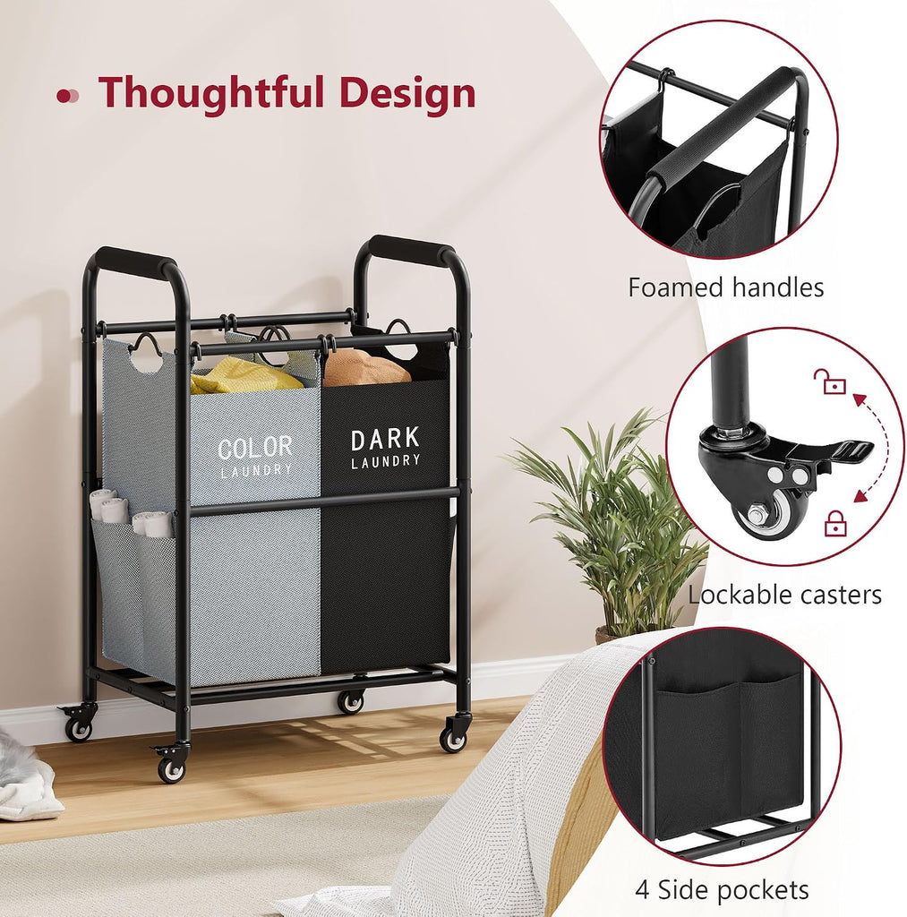 2 Bag Laundry Sorter Cart, Black & Grey | 50lbs Large Capacity, Removable Laundry Bags, Heavy Duty Lockable Rolling