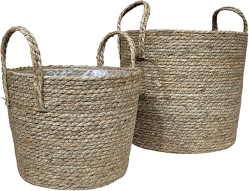 Set of 2 Woven Seagrass Planter Baskets with Handles - Handwoven Plant & Flower Pots for Indoor or Outdoor Use
