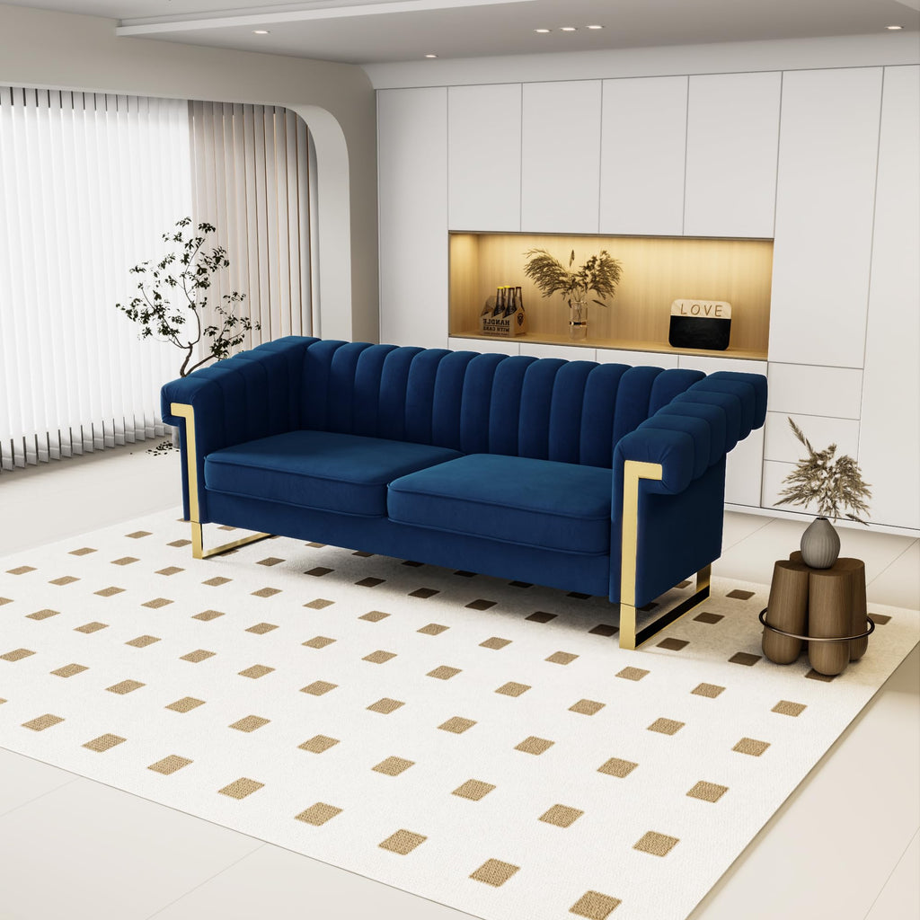 2 Piece Couch Set, Blue Couches, Chesterfield Sofa Set with Gold Metal Legs, Tufted Couches (Blue, 83.86")