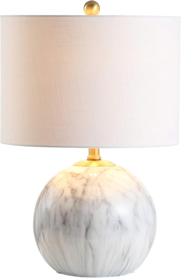 21.5" White/Brass Gold Faux Marble Resin Table Lamp, Glam Geometric Sphere Base Bedroom, White Linen