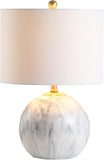 21.5" White/Brass Gold Faux Marble Resin Table Lamp, Glam Geometric Sphere Base Bedroom, White Linen
