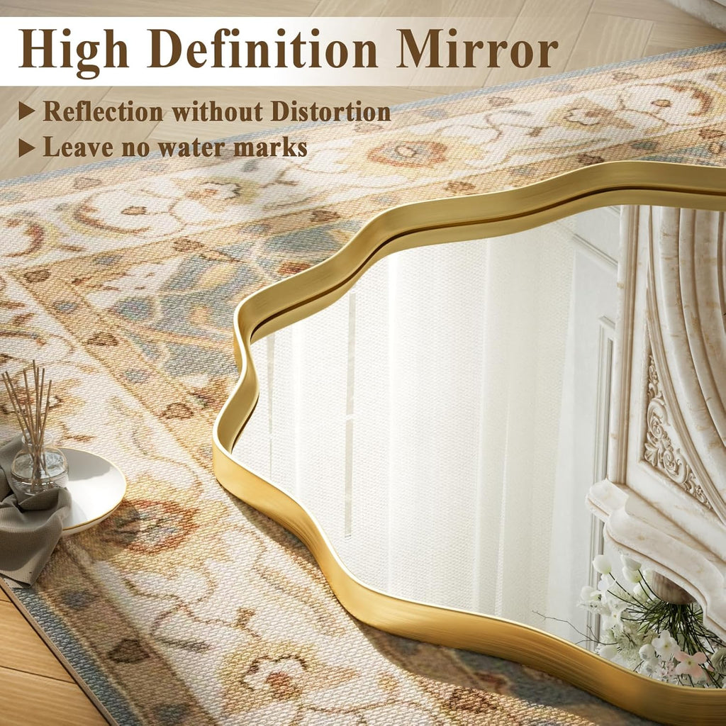 Gold Scalloped Circle Mirror, 24" Wavy Edge Round Wall Mirror with Tempered Glass Textured Circular Metal Deep Frame