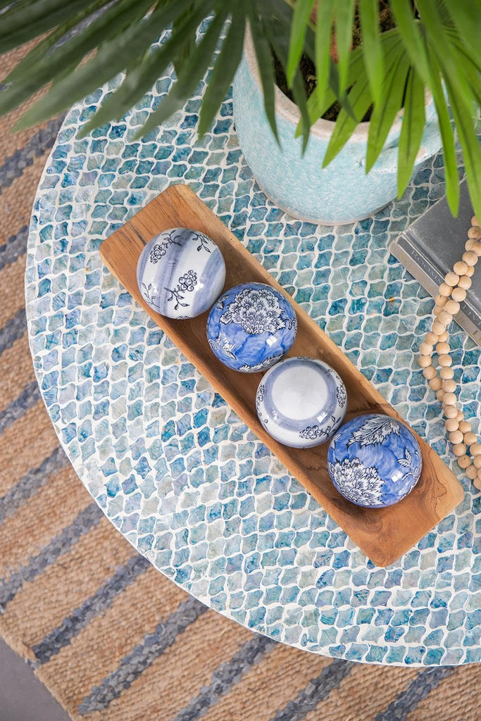 Set of 4 Porcelain Decorative Spheres - Handcrafted Blue and White Floral Orbs, Same Size, Decor, Tabletop Accent