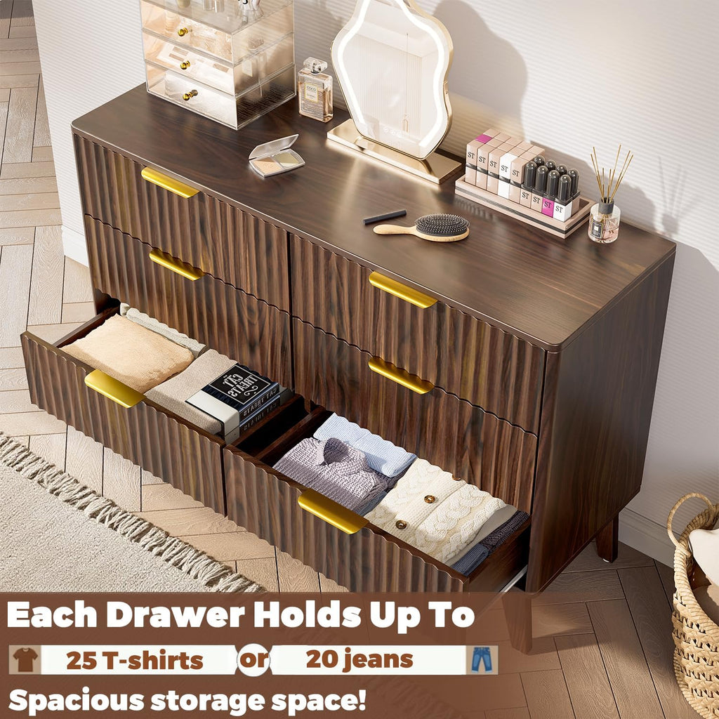 6-Drawer Dresser Fluted Drawers, Mid-Century, Walnut | 47.2"W x 15.4"D x 32.3"H, 130 lbs top / 40 lbs per drawer