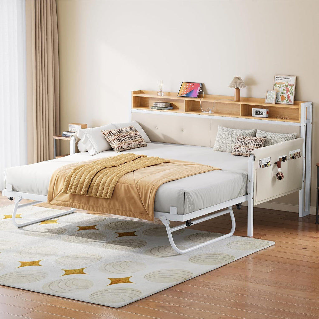 Daybed with Trundle, Twin Bed Frame,White | with Upholstered Headboard and Charging Station, Sofa Day Bed with Strong