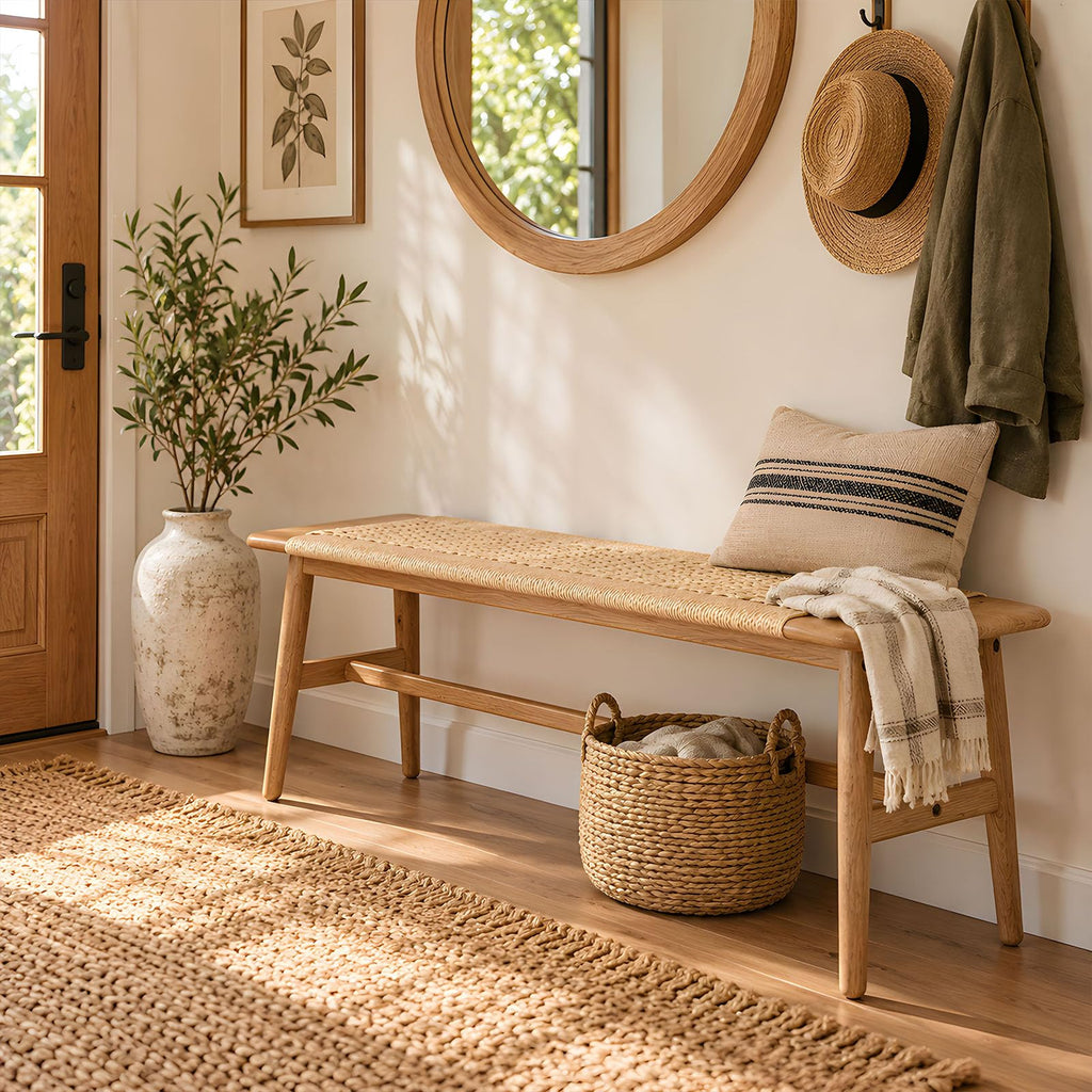 47 Inch Dining Bench, Solid Oak with Rattan Seat