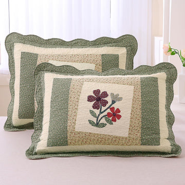2-Piece Elegant Floral Patchwork Pillow Shams Queen Size 100% Cotton Quilted Decorative Pillow Shams Set