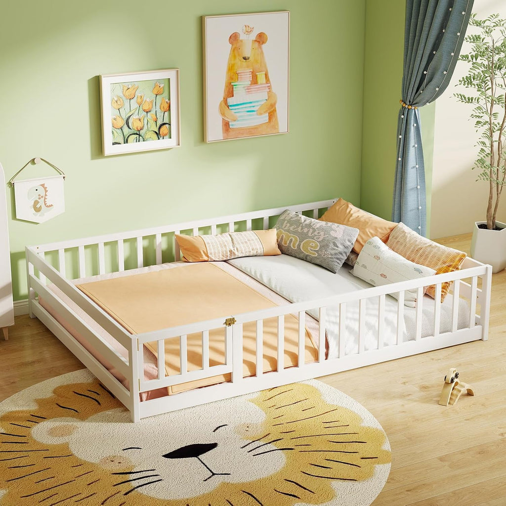 Full Size Wood Floor Bed with Door & Fence, Montessori Bed Frame with Full Length Safety Guardrails, Door & Latch